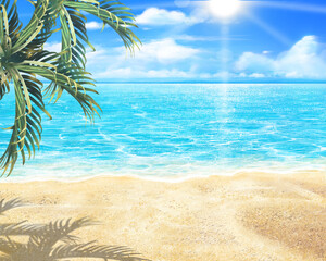 Beautiful summer beach frame illustration of palm trees, summer beach and sun - blue sky and sea with clouds.
