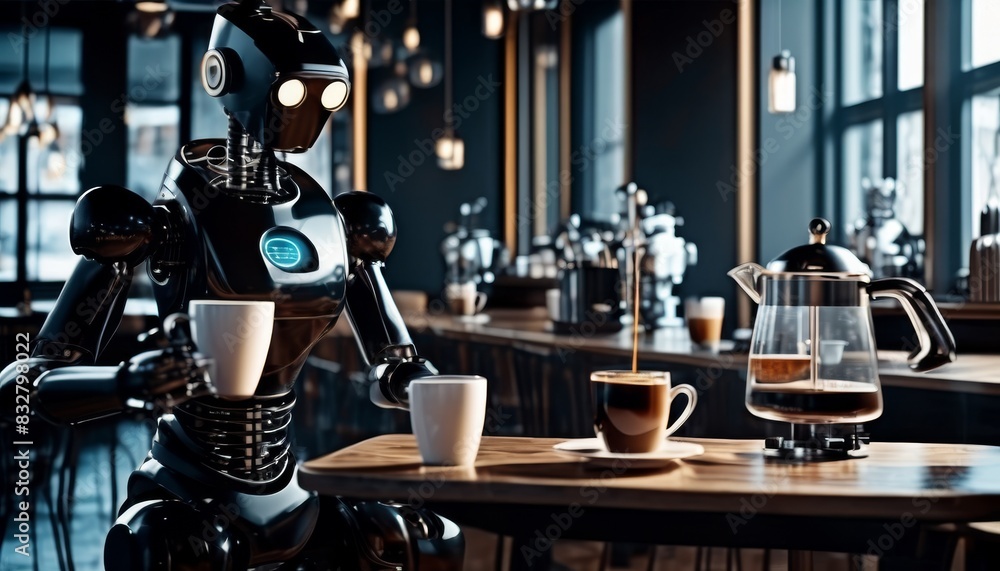 Poster a robot barista serves coffee in a chic cafe, illustrating how robots can enhance customer service i