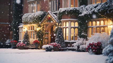 Christmas at the manor, English countryside style estate in winter with garden and festive exterior landscape decor