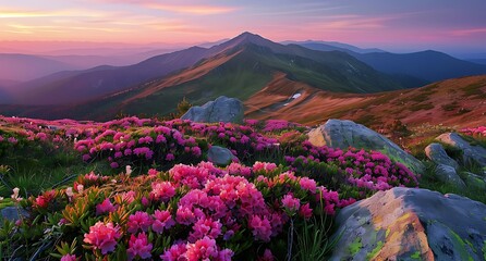 Beautiful mountain landscape with colorful rhodendron flowers at sunset in the Carpathian mountains, Europe stock photo contest winner photography, high resolution, super detailed