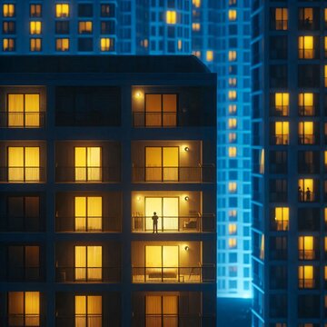 Person Standing in Illuminated Building at Night