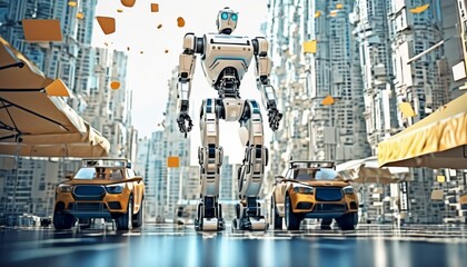 Fototapeta premium A towering robot strides through a futuristic cityscape with high-rise buildings and flying cars, portraying a scene straight out of a sci-fi movie.. AI Generation
