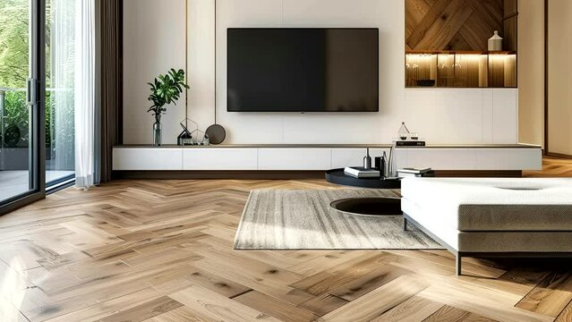 Modern Living Room And Dining Room With Television Set And Parquet Floor. seamless looping time-lapse virtual 4k video animation background