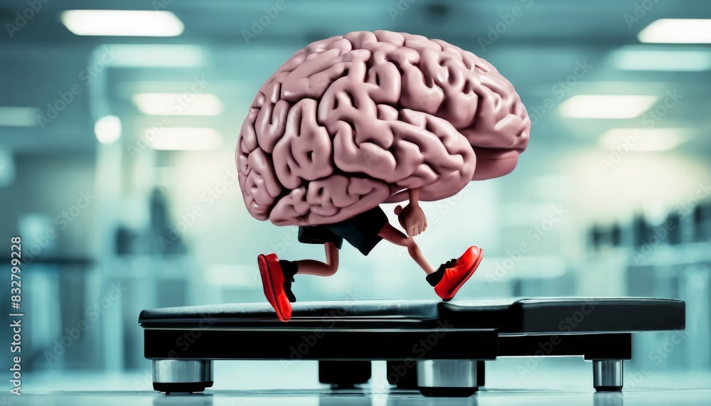 Poster a surreal depiction of a human brain with legs, wearing red sneakers, running on a treadmill in a hi