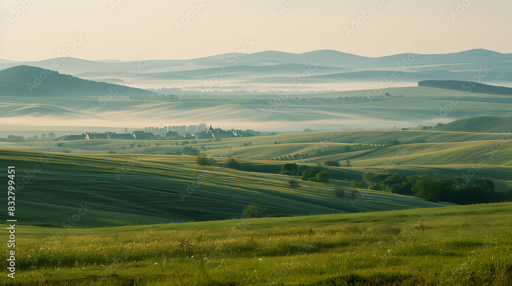 Sticker Scenic winding path through a field of green grass in the morning. Beautiful natural image.