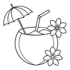 coloring page, bold lines, white background. Coconut Drink: A coconut drink with a straw, umbrella, and tropical flowers.