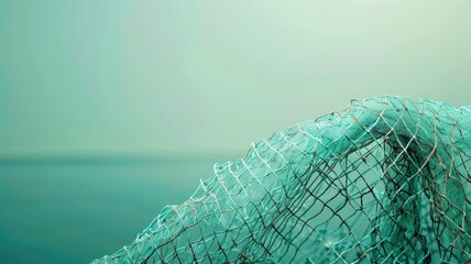 Blue fishing net over calm sea; serene and tranquil scene