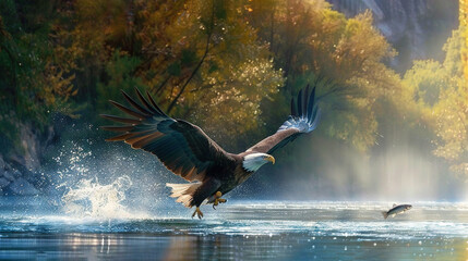   An eagle soaring above a body of water with trees in the background and a fine mist in the foreground - Powered by Adobe