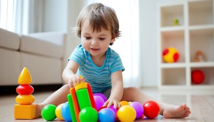 Obraz premium A cute child playing with color toy indoor created with generative ai 