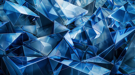 an abstract design consisting of overlapping geometric shapes, primarily in shades of blue. The shapes resemble shards or facets, suggesting a crystalline structure