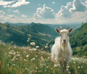 Obraz premium A white goat stands in a meadow in the mountains.