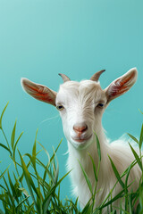 Obraz premium white kid goat stands in a meadow against a blue background.
