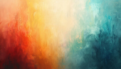 Abstract painting, vibrant colors, gradient of red, orange, yellow, blue, and teal