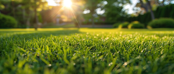 a well-maintained, lush green lawn with sunlight filtering through, casting a warm glow