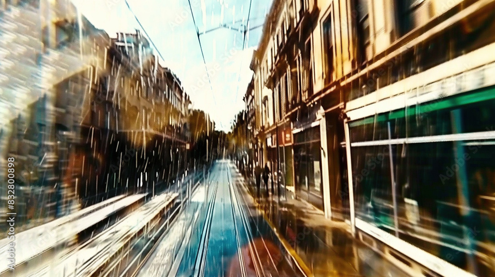 Poster blurry image of a busy urban street with towering buildings lining both sides and structures on the 