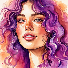 Obraz premium A woman with long, wavy purple hair and striking blue eyes. She has a soft expression and her lips are slightly parted. Her skin appears to be fair, and she has freckles on her cheeks.