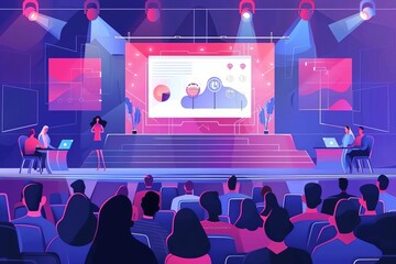 captivated audience at startup event product demo on stage leadership concept illustration