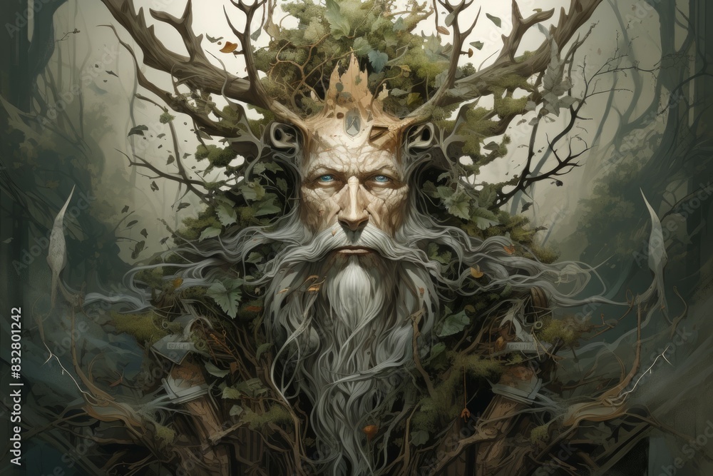 Wall mural a wise and ancient druid, attuned to nature and capable of transforming into beasts. - generative ai