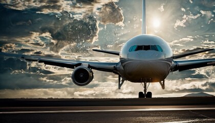 Naklejka premium A captivating image of a commercial airplane landing on a runway during a dramatic sunset, with clouds in the background.. AI Generation