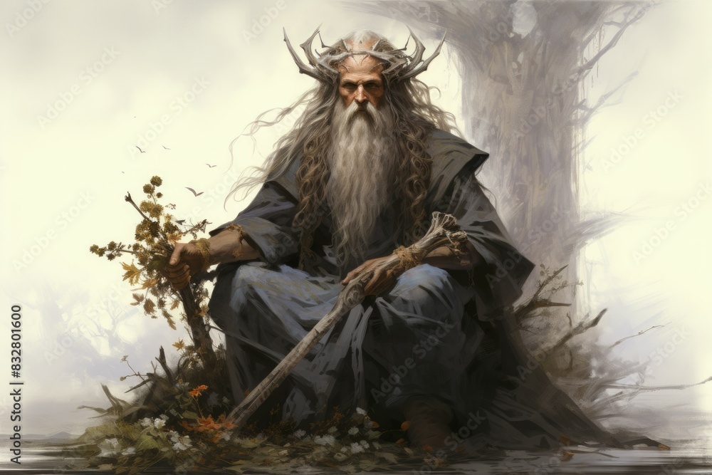 Wall mural a wise and ancient druid, attuned to nature and capable of transforming into beasts. - generative ai