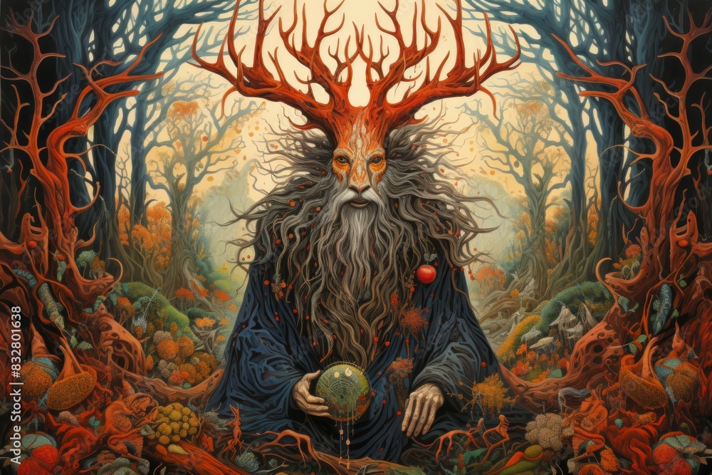Wall mural a wise and ancient druid, attuned to nature and capable of transforming into beasts. - generative ai