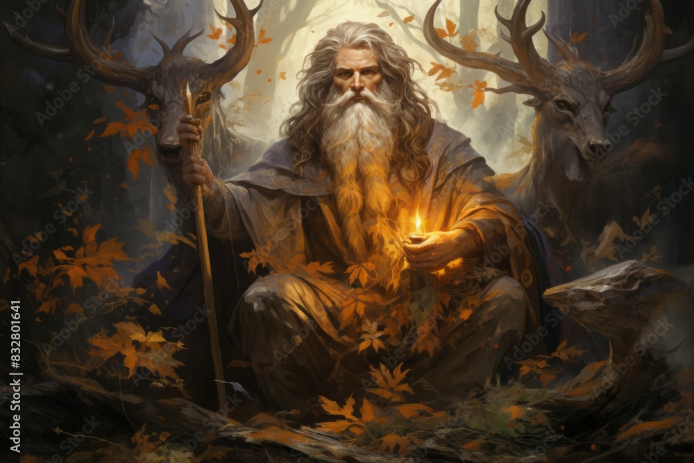 Wall mural a wise and ancient druid, attuned to nature and capable of transforming into beasts. - generative ai