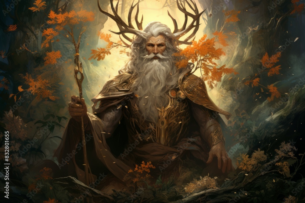 Wall mural a wise and ancient druid, attuned to nature and capable of transforming into beasts. - generative ai