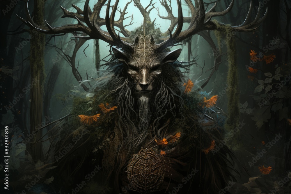Wall mural a wise and ancient druid, attuned to nature and capable of transforming into beasts. - generative ai
