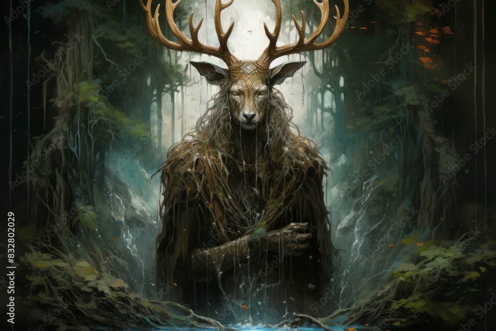 Wall mural a wise and ancient druid, attuned to nature and capable of transforming into beasts. - generative ai