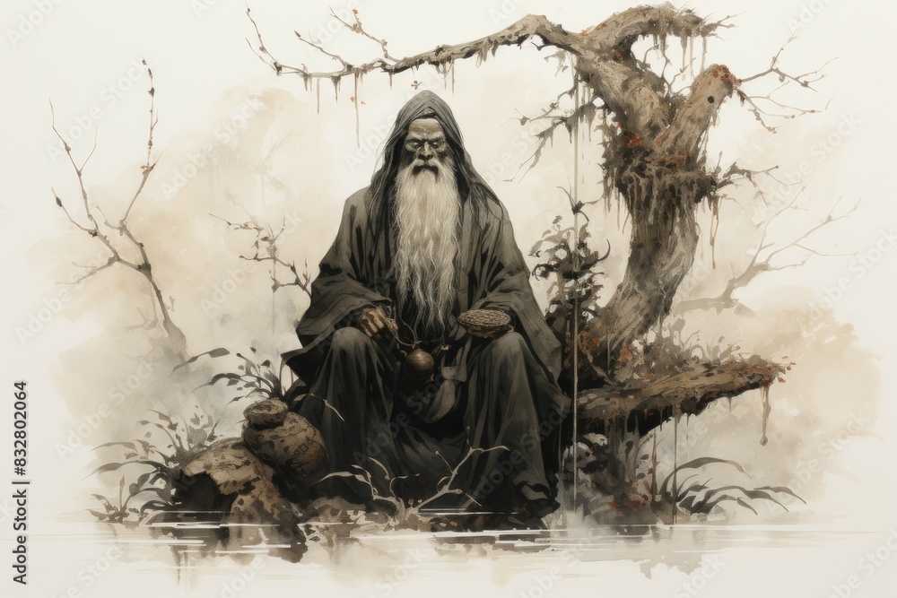 Wall mural a wise and ancient druid, attuned to nature and capable of transforming into beasts. - generative ai