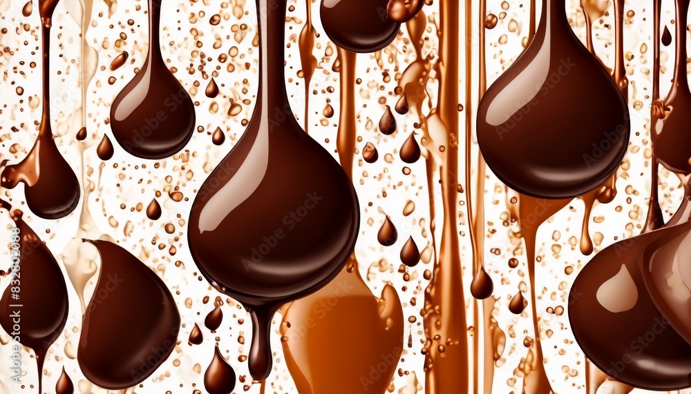 Poster rich detailed image of dark chocolate drops flowing in a seamless motion, creating a tempting visual
