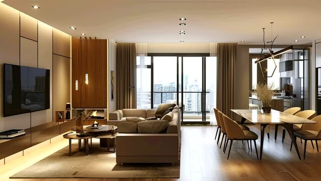 Modern Living Room And Dining Room With Television Set And Parquet Floor. seamless looping time-lapse virtual 4k video animation background