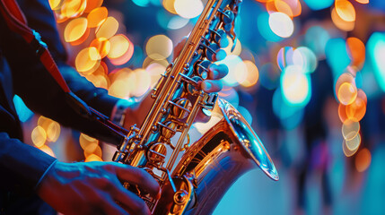 Vibrant and colorful live jazz saxophone performance with bokeh lights and a close-up view of the talented saxophonist's hands