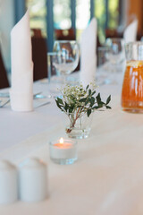 hotel restaurant, close-up photo, blurred background, catering, hotel, hotel food and kitchen, table with plates, wine and juice glasses, fruit drinks in a jug