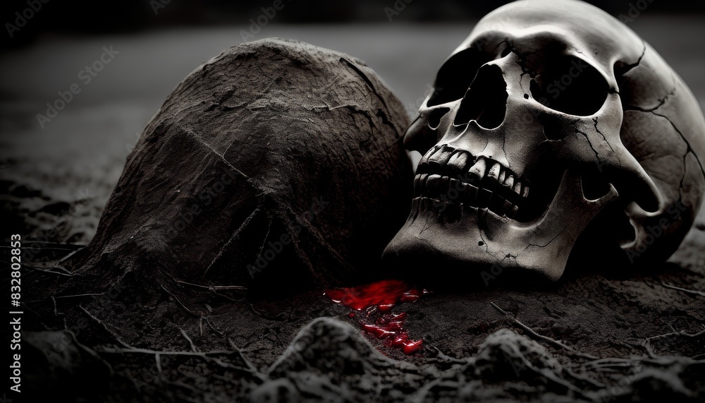 Poster a dark and moody image showing a human skull beside a coconut, both on the ground, with a striking s