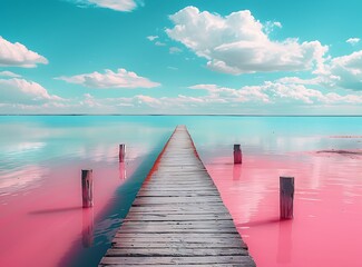 Fototapeta premium Beautiful pink salt lake with a wooden bridge and blue sky