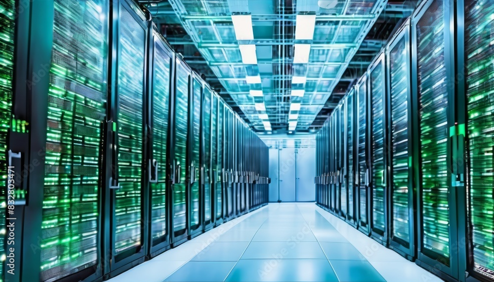 Poster a contemporary data center interior showing rows of illuminated server racks in a clean, organized, 