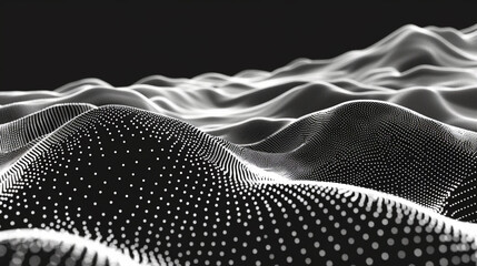 Abstract digital landscape, black and white, waves of dots
