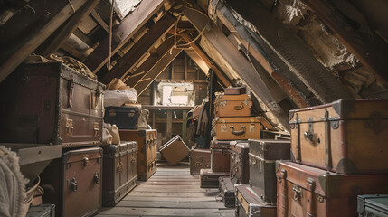 A dusty attic filled with antique trunks and memorabilia,
A cluttered attic with many old wooden boxes and trunks
