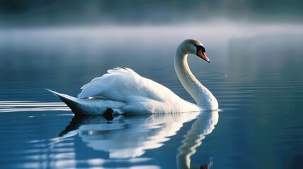 Fototapeta premium Close up photograph of a solitary white swan gracefully swimming in a lake