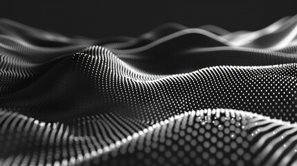 Abstract digital landscape, black and white, waves of dots
