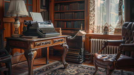 A vintage typewriter sits on a desk in a room with a large bookcase