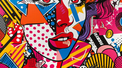 A vibrant Pop Art composition featuring bold colors, graphic patterns, and iconic imagery from popular culture