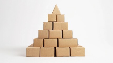 Pyramid constructed from cardboard boxes on a white background