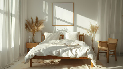 A bedroom with a wooden dresser and a bed with a white comforter