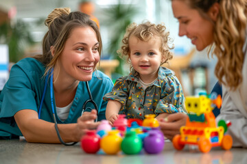 Medical professional and mother playing with a toddler and colorful toys in a bright setting.