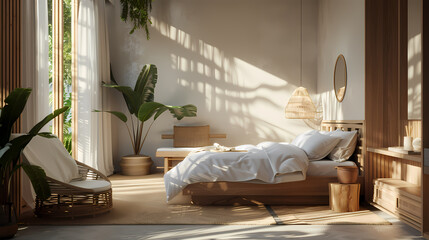 A bedroom with a white bed, a window, and a plant