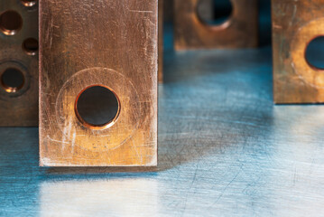 Set of Copper Flat Electrical Busbars Close-up