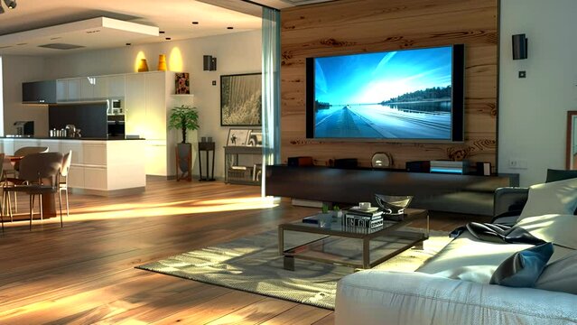 Modern Living Room And Dining Room With Television Set And Parquet Floor. seamless looping time-lapse virtual 4k video animation background