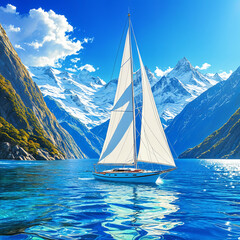 Naklejka premium A serene scene of a sailboat floating on a calm blue lake, surrounded by majestic snow-capped mountains under a clear sky.